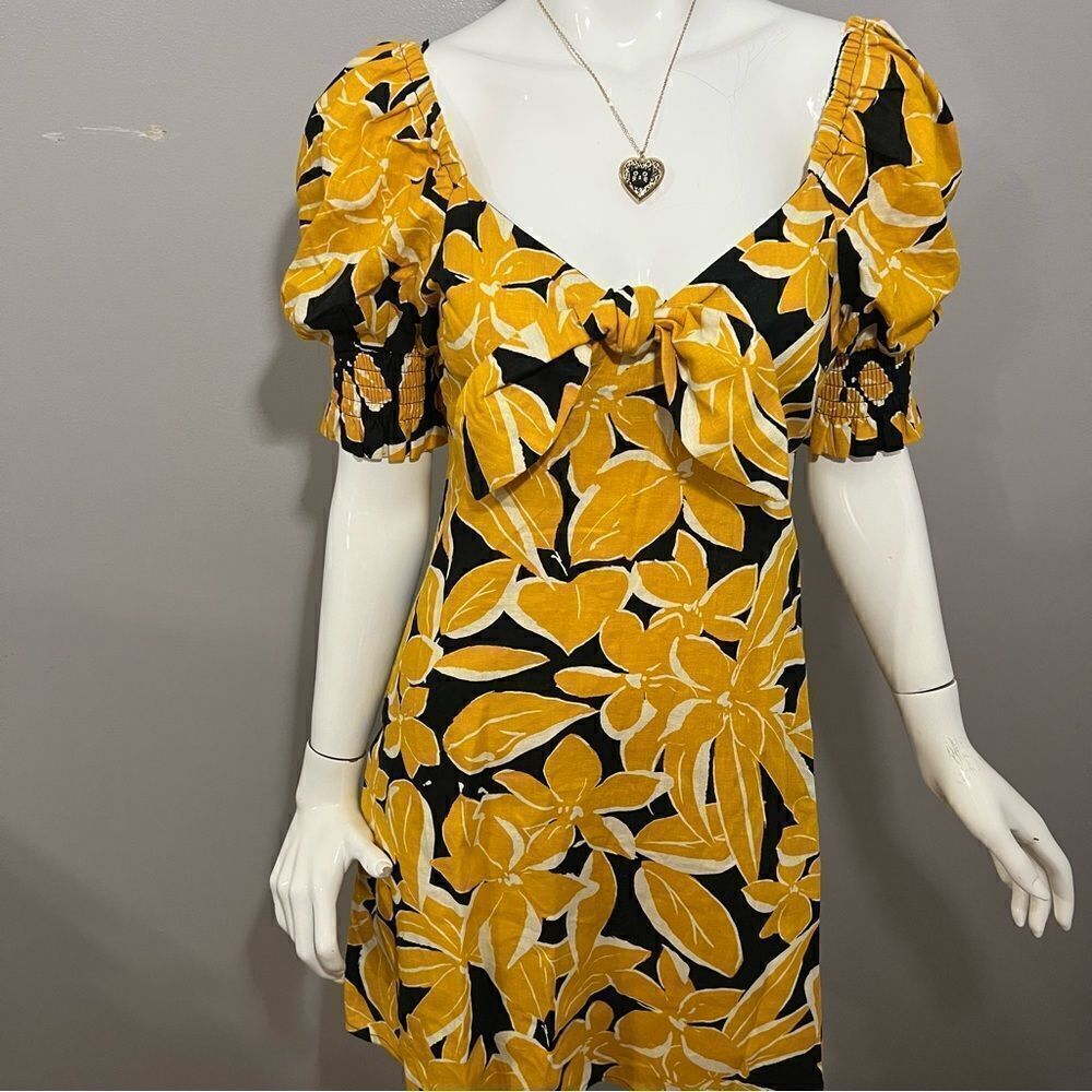NWT Who What Wear Black/Yellow Linen Floral Print Puff Sleeve Dress - XS - Picture 4 of 16